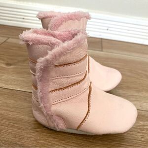 Pink Infant Moccasin Booties Suede Leather 6-12 Months